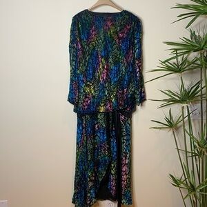 Vintage Drop Waist Bow Burnout Colorful Shimmer Velvet Beaded “Peacock” Dress M